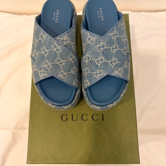 Gucci Shoes - Gucci Light Blue Denim GG Crossband Slide Sandals